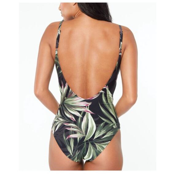 BAR III Black Tropical Moderate Coverage V Neck Green One Piece Swimsuit Medium - Picture 2 of 3